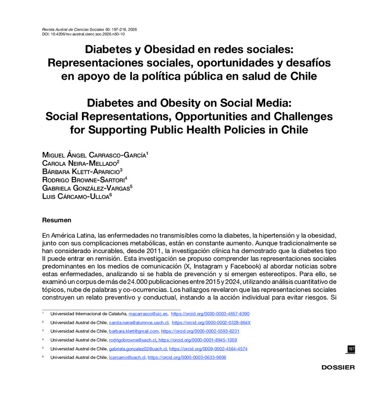 Diabetes y Obesidad en redes sociales: Representaciones sociales, oportunidades y desafíosen apoyo de la política pública en salud de Chile