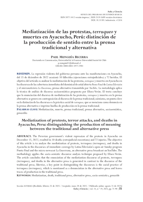 Mediatización de las protestas, terruqueo y muertes en Ayacucho, Perú: distinción de la producción de sentido entre la prensa tradicional y alternativa