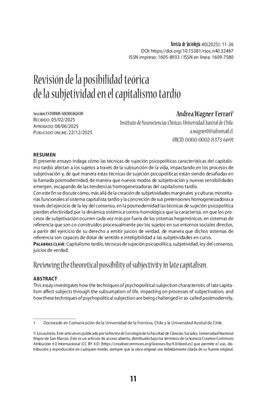 Revisión de la posibilidad teórica de la subjetividad en el capitalismo tardío